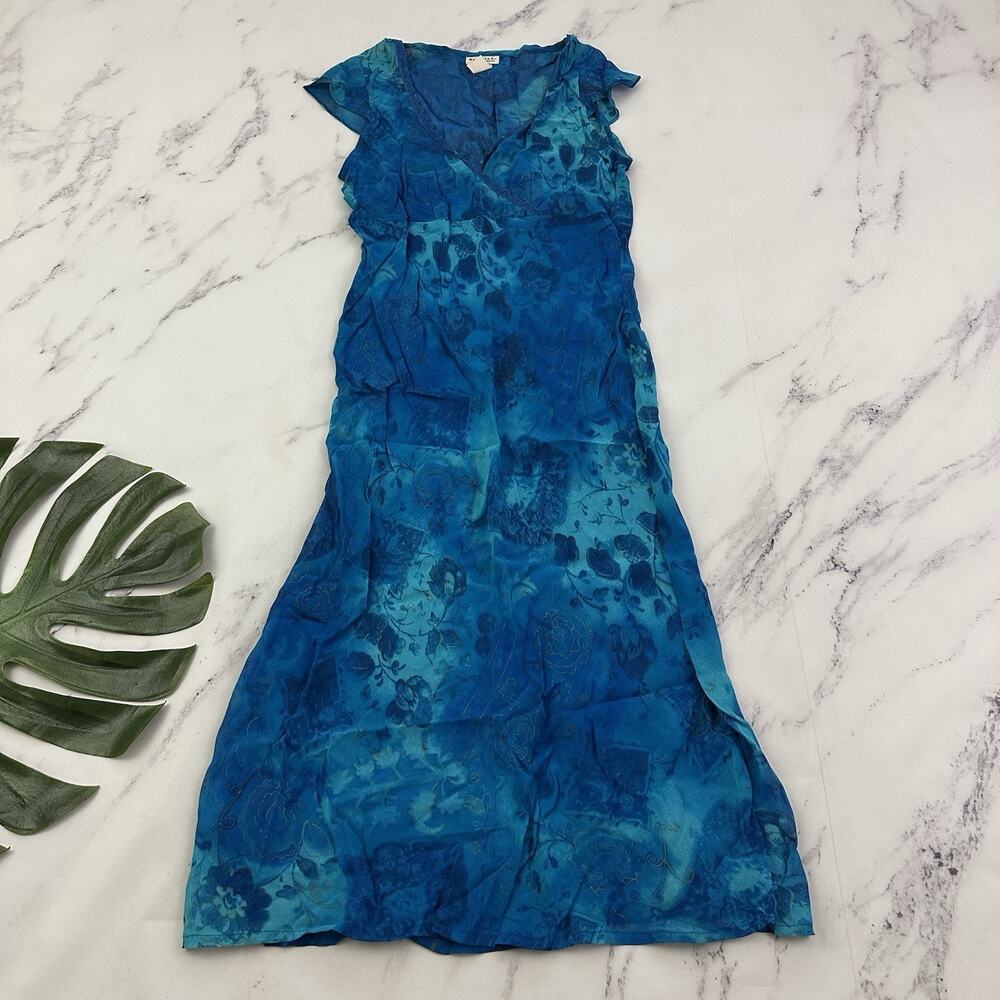 Wanted Womens Vintage Y2k Silk Dress Size 7 Blue Teal Floral Sheer Lace Trim